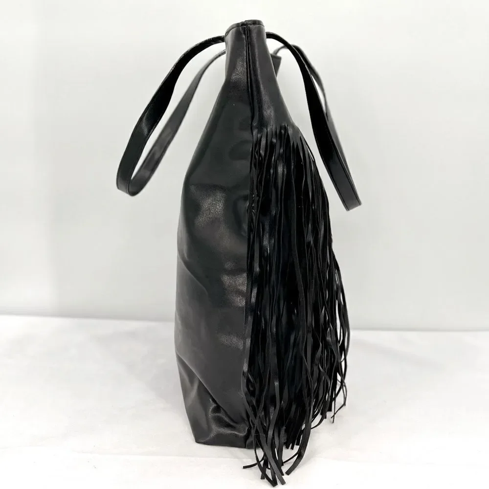 Victorias Secret Boho Fringe Limited Edition Black Faux Leather Large Tote Bag
